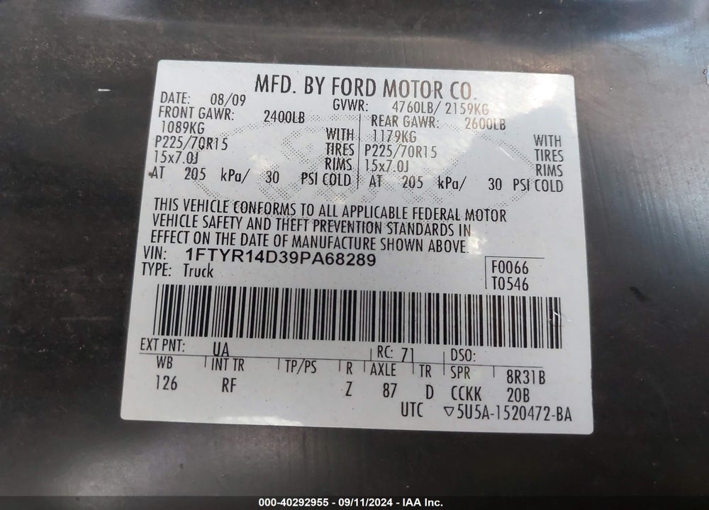 2009 FORD RANGER XL/XLT VIN: 1FTYR14D39PA68289