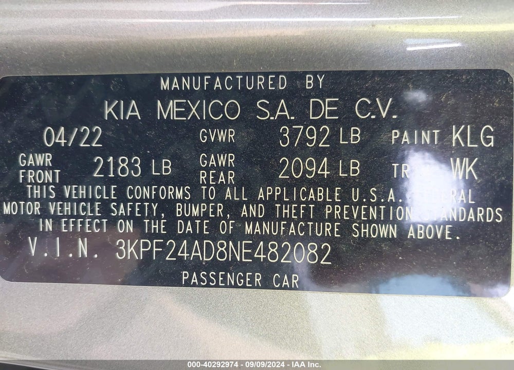 2022 KIA FORTE LXS VIN: 3KPF24AD8NE482082