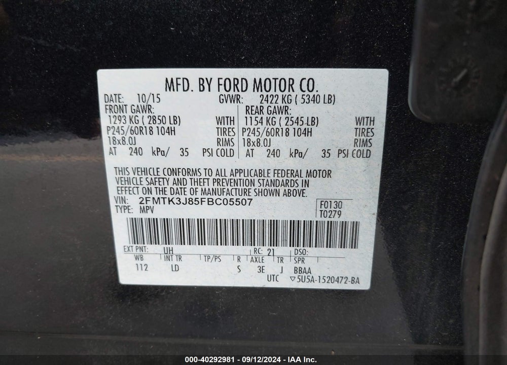 2015 FORD EDGE SEL VIN: 2FMTK3J85FBC05507