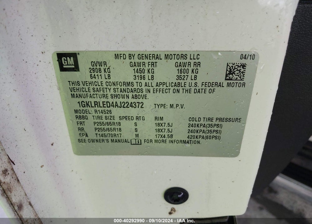 2010 GMC ACADIA SLE VIN: 1GKLRLED4AJ224372