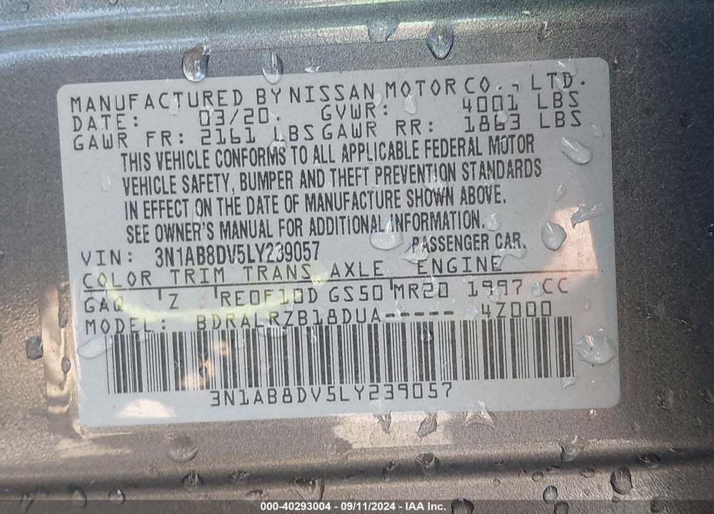 2020 NISSAN SENTRA SR XTRONIC CVT VIN: 3N1AB8DV5LY239057