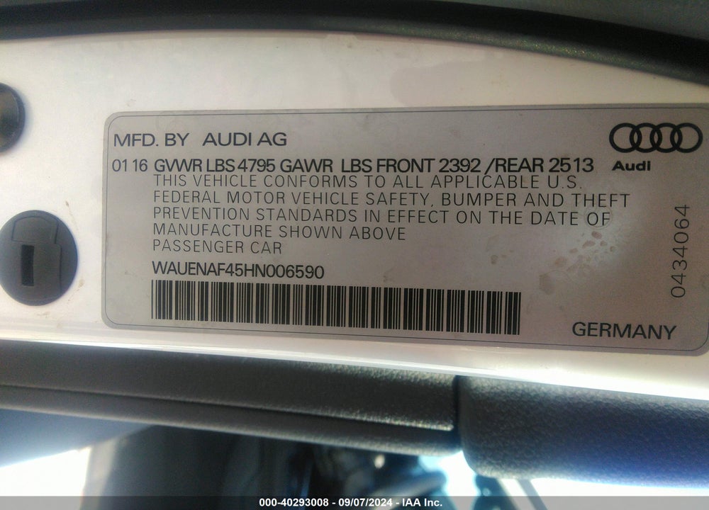 2017 AUDI A4 2.0T PREMIUM VIN: WAUENAF45HN006590
