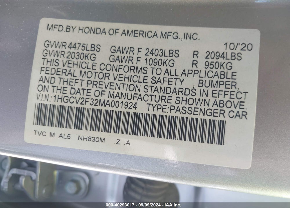 2021 HONDA ACCORD SPORT 2.0T VIN: 1HGCV2F32MA001924