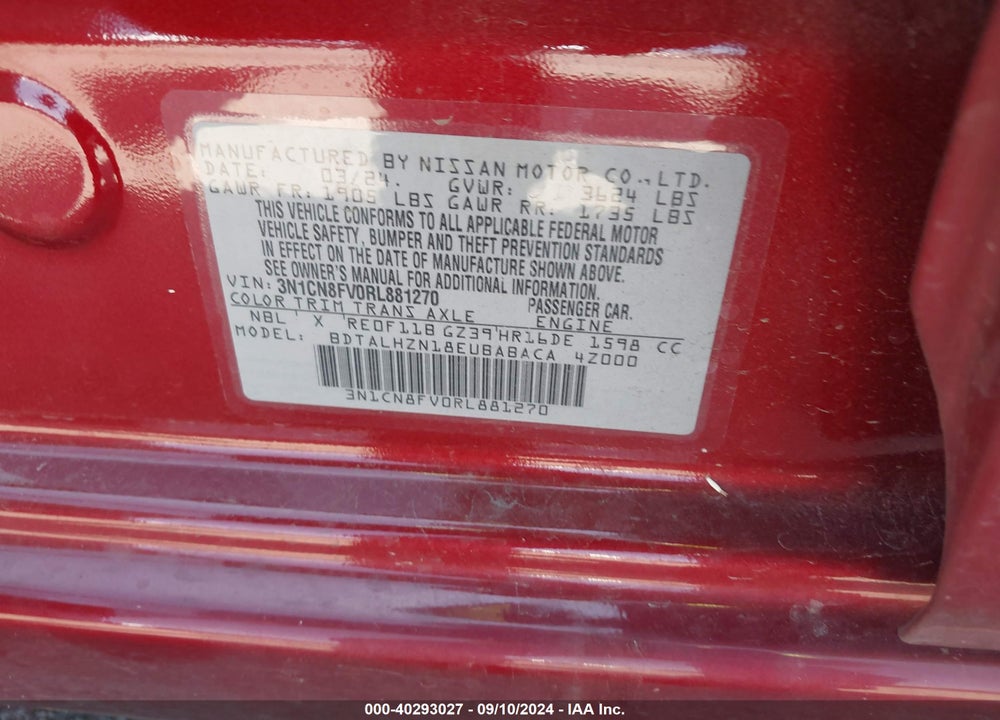 2024 NISSAN VERSA 1.6 SR VIN: 3N1CN8FV0RL881270