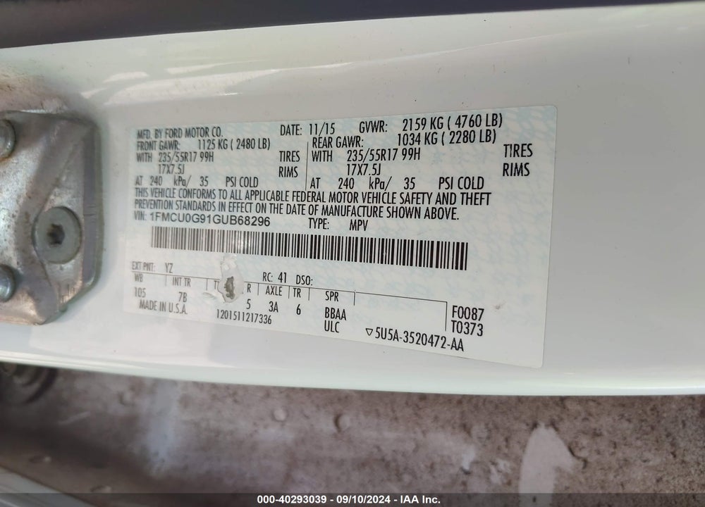 2016 FORD ESCAPE SE VIN: 1FMCU0G91GUB68296