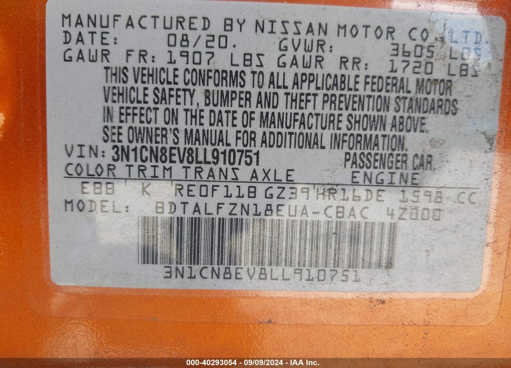 2020 NISSAN VERSA SV XTRONIC CVT VIN: 3N1CN8EV8LL910751