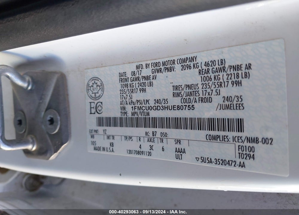 2017 FORD ESCAPE SE VIN: 1FMCU0GD3HUE80755