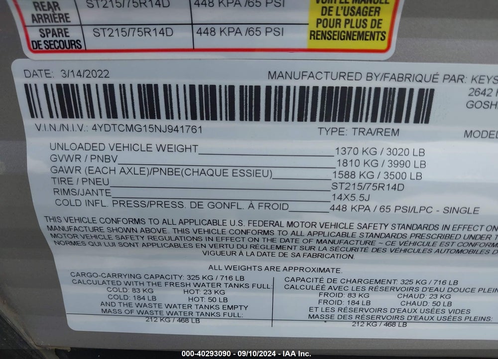 2022 COLEMAN TRAVEL TRAILER VIN: 4YDTCMG15NJ941761