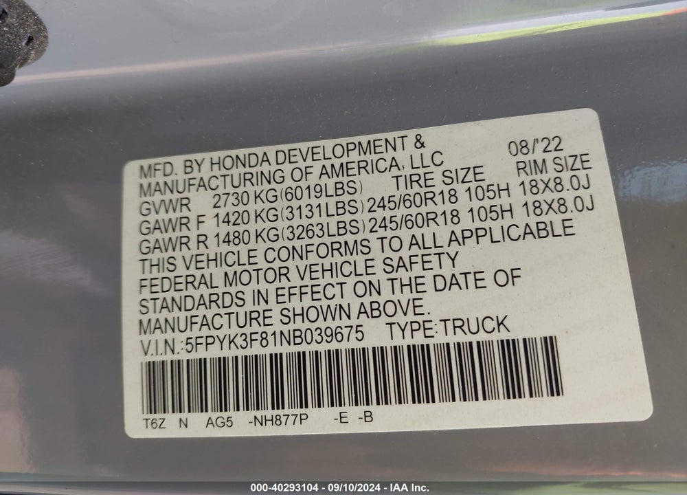 2022 HONDA RIDGELINE BLACK EDITION VIN: 5FPYK3F81NB039675