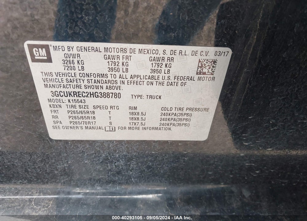 2017 CHEVROLET SILVERADO 1500 2LT VIN: 3GCUKREC2HG388780