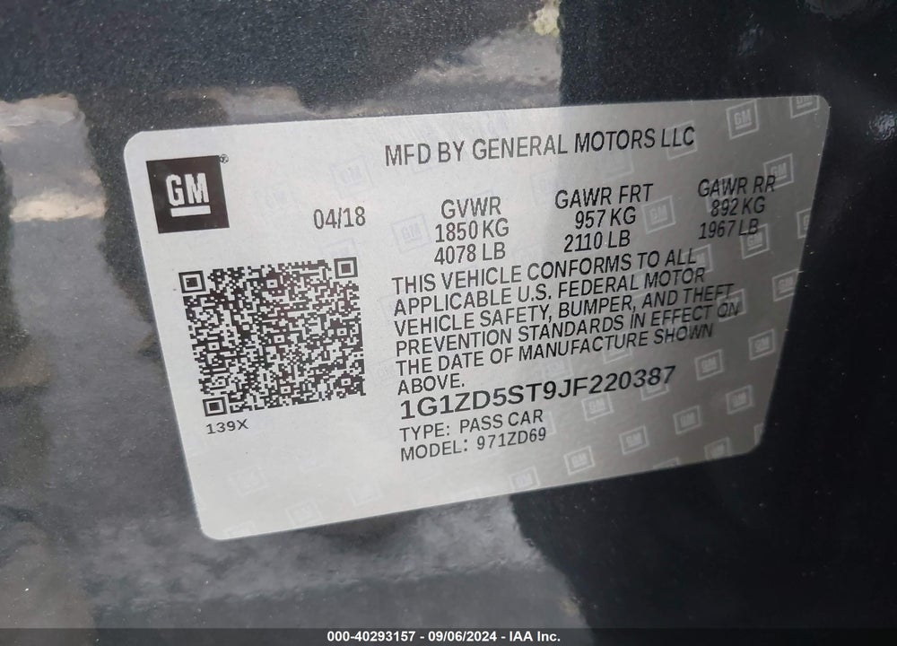 2018 CHEVROLET MALIBU LT VIN: 1G1ZD5ST9JF220387