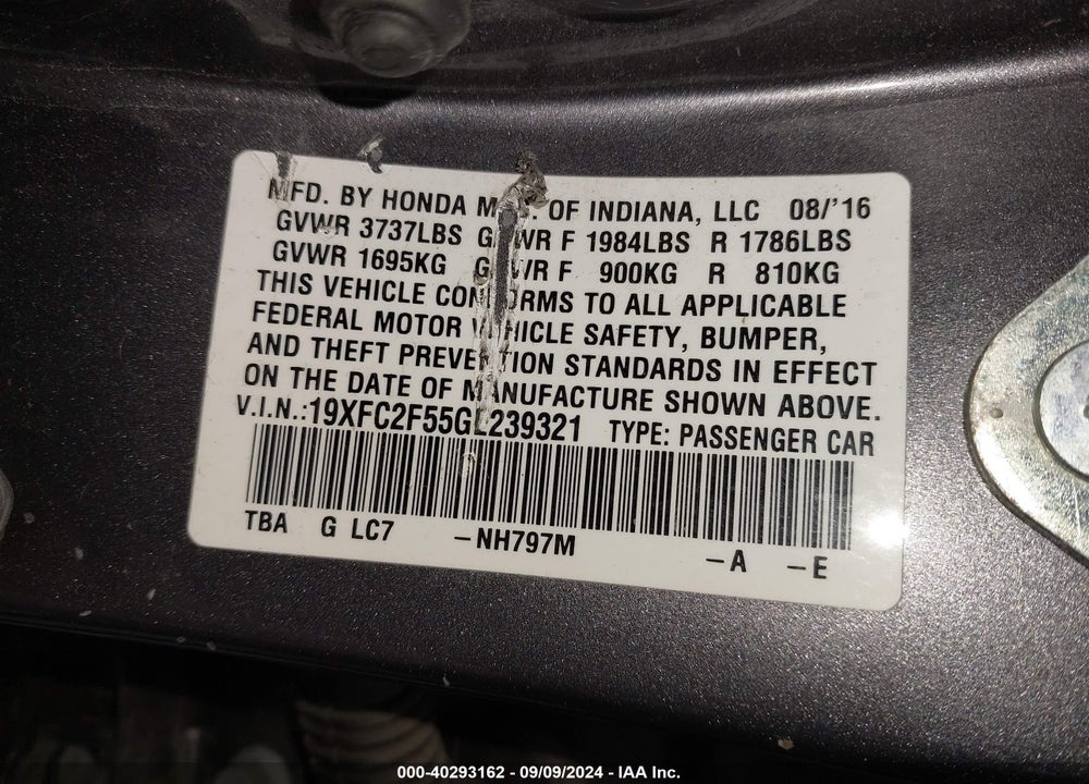 2016 HONDA CIVIC LX VIN: 19XFC2F55GE239321