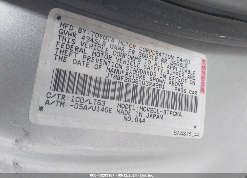 2001 LEXUS ES 300 VIN: JT8BF28G810324981