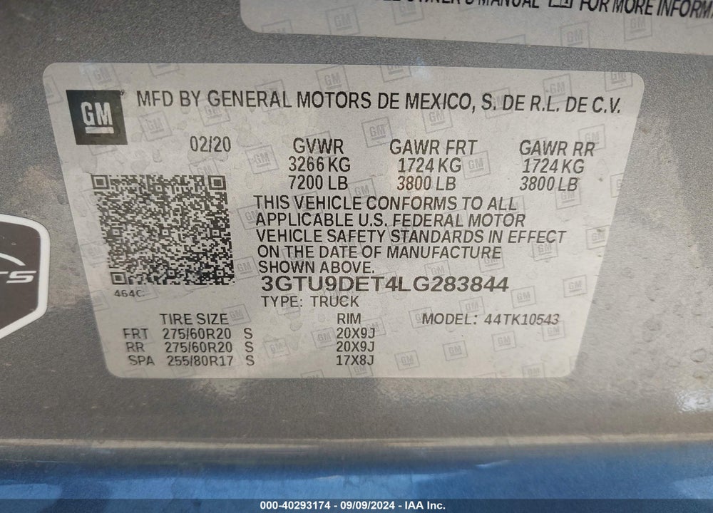 2020 GMC SIERRA 1500 4WD SHORT BOX SLT VIN: 3GTU9DET4LG283844