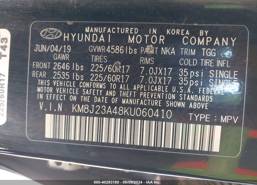 2019 HYUNDAI TUCSON SE VIN: KM8J23A48KU060410