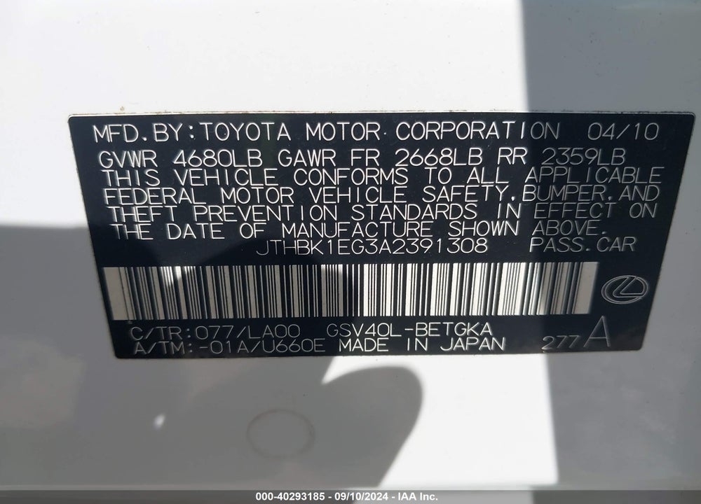 2010 LEXUS ES 350 VIN: JTHBK1EG3A2391308