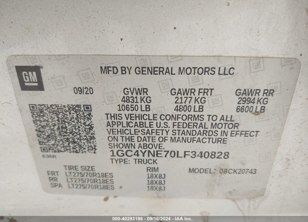 2020 CHEVROLET SILVERADO 2500HD VIN: 1GC4YNE70LF340828