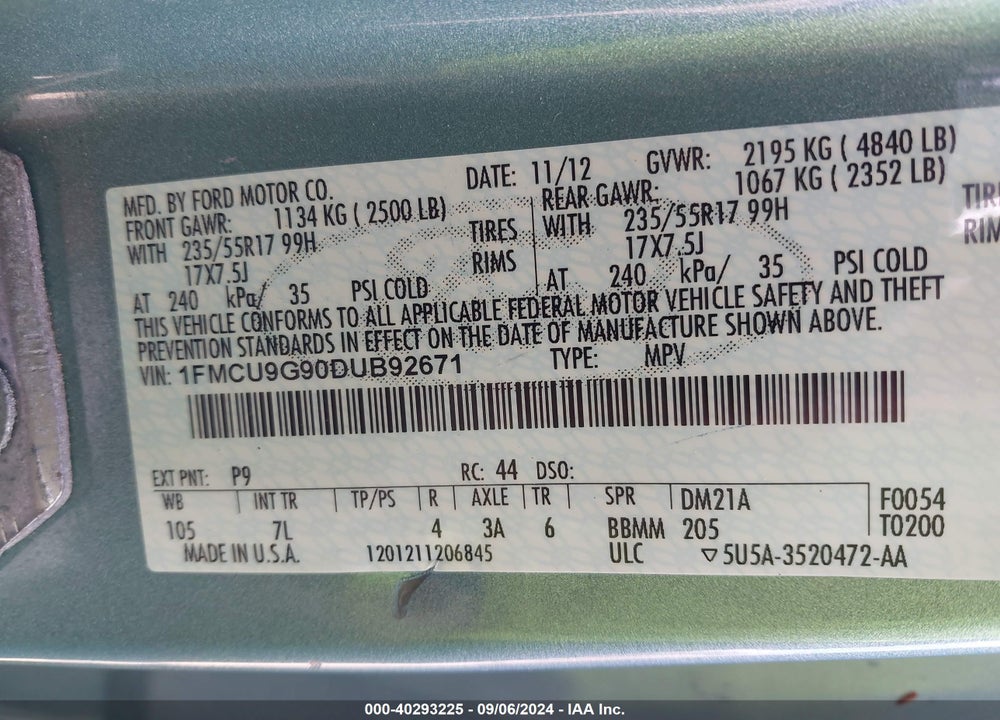 2013 FORD ESCAPE SE VIN: 1FMCU9G90DUB92671