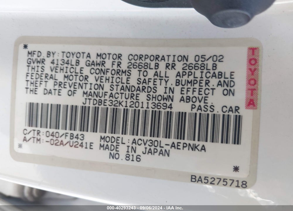 2002 TOYOTA CAMRY LE VIN: JTDBE32K120113694