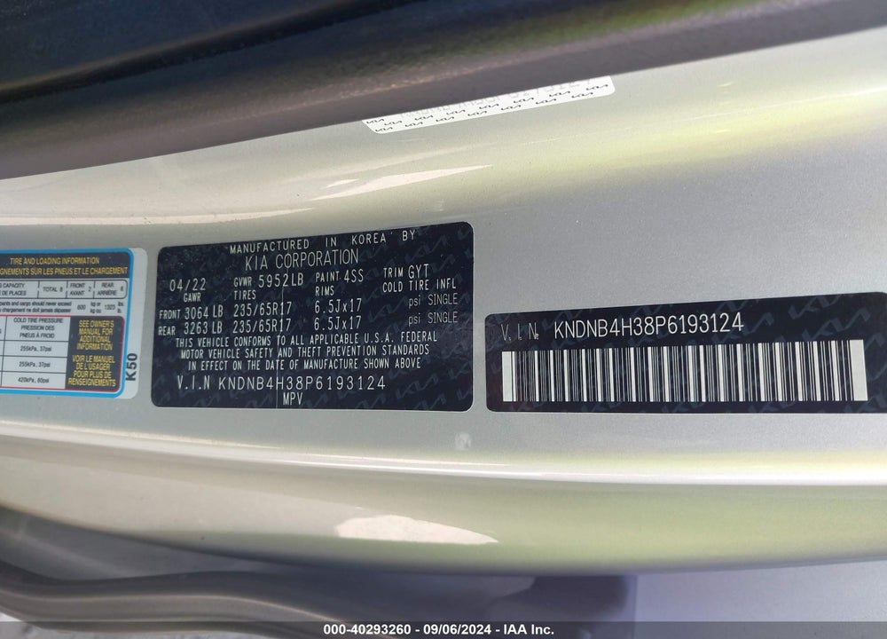 2023 KIA CARNIVAL MPV LX SEAT PACKAGE VIN: KNDNB4H38P6193124