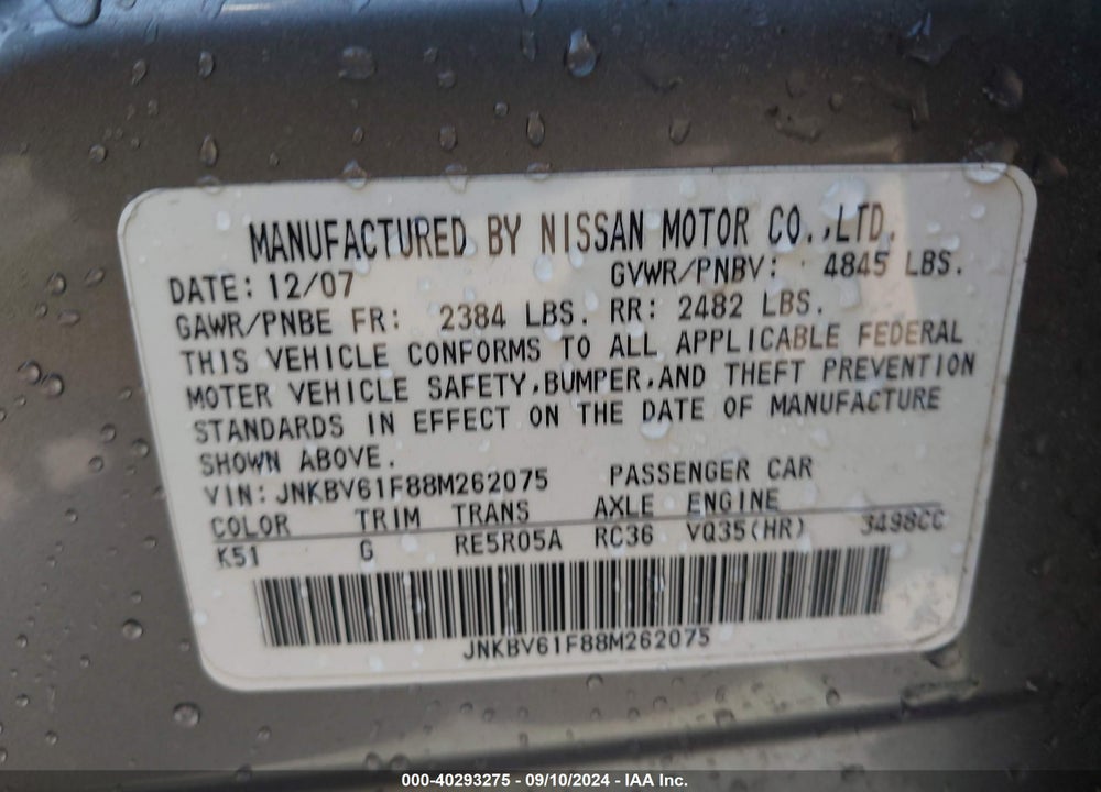 2008 INFINITI G35X VIN: JNKBV61F88M262075