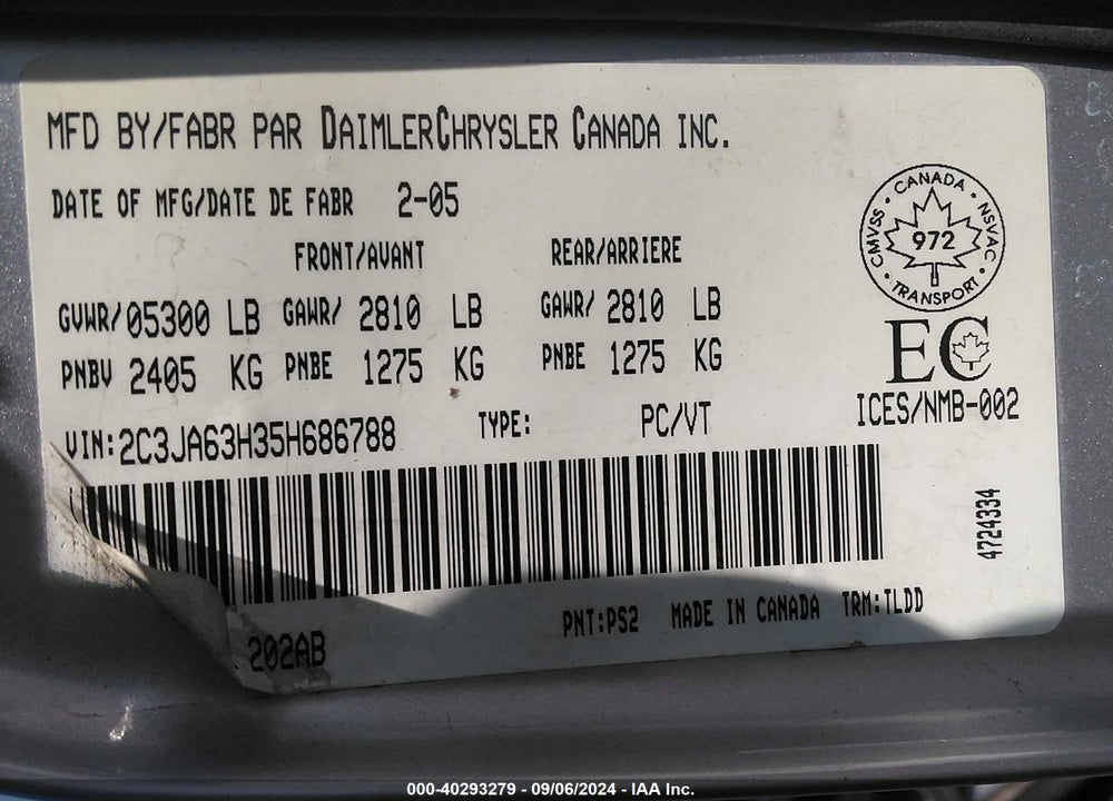 2005 CHRYSLER 300C VIN: 2C3JA63H35H686788