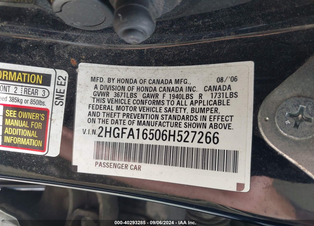 2006 HONDA CIVIC LX VIN: 2HGFA16506H527266