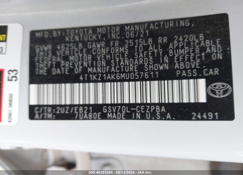 2021 TOYOTA CAMRY TRD VIN: 4T1KZ1AK6MU057611