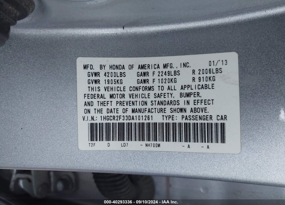 2013 HONDA ACCORD LX VIN: 1HGCR2F33DA101261