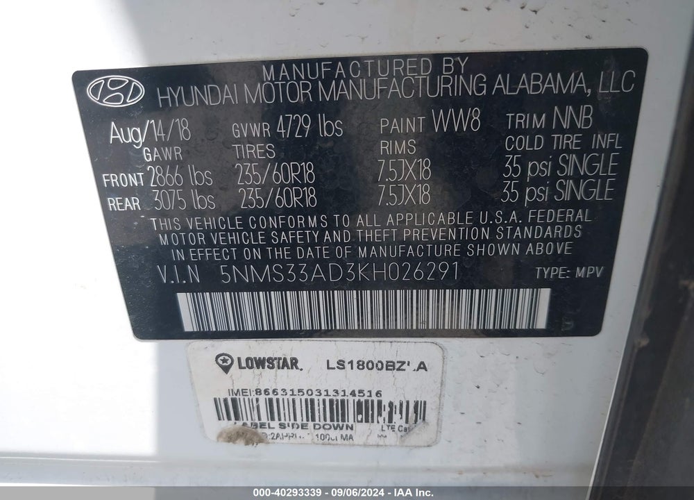 2019 HYUNDAI SANTA FE SEL PLUS VIN: 5NMS33AD3KH026291