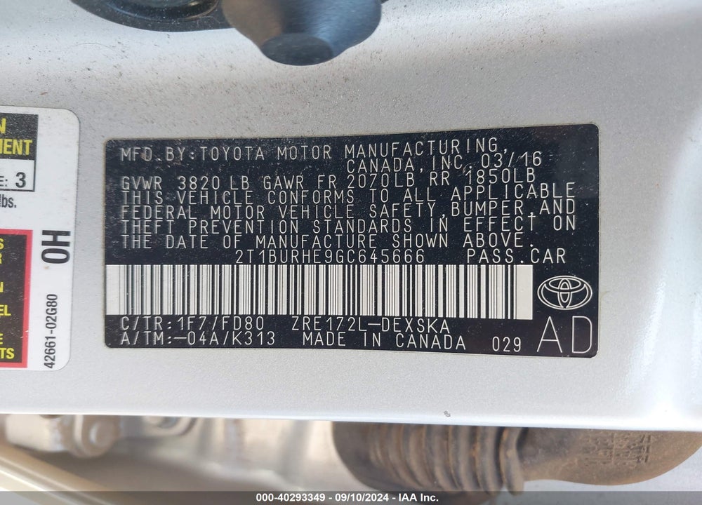 2016 TOYOTA COROLLA S PLUS VIN: 2T1BURHE9GC645666