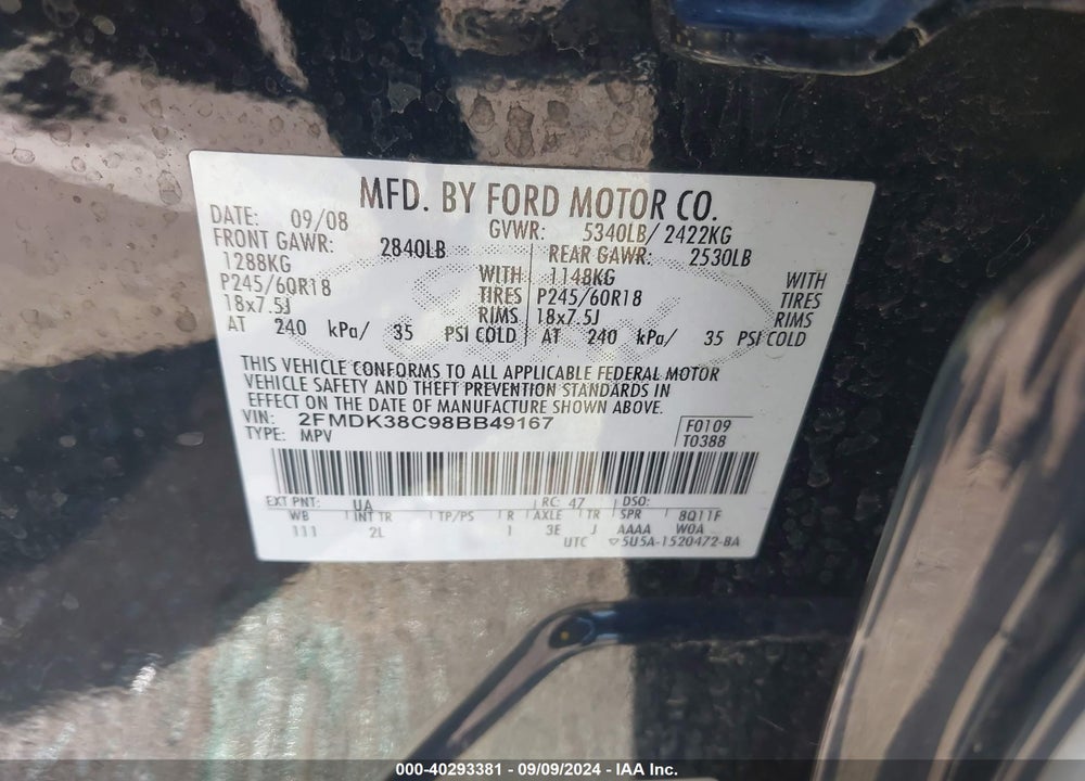 2008 FORD EDGE SEL VIN: 2FMDK38C98BB49167