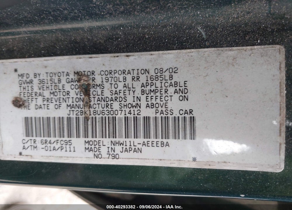 2003 TOYOTA PRIUS VIN: JT2BK18U630071412