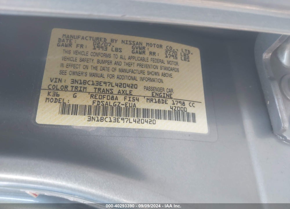 2007 NISSAN VERSA 1.8SL VIN: 3N1BC13E97L420420