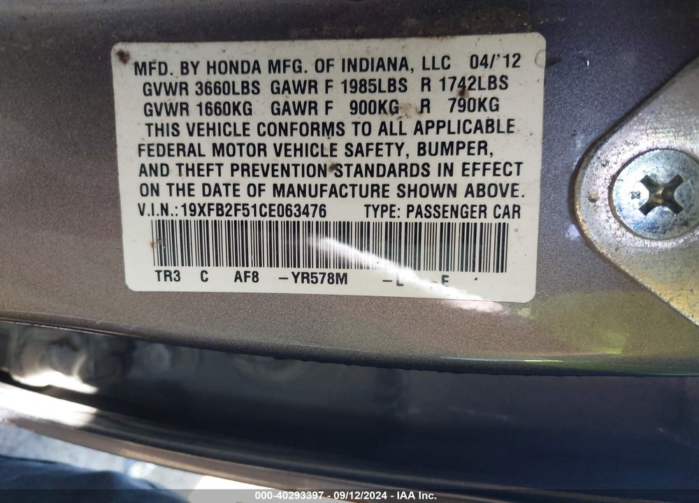 2012 HONDA CIVIC LX VIN: 19XFB2F51CE063476