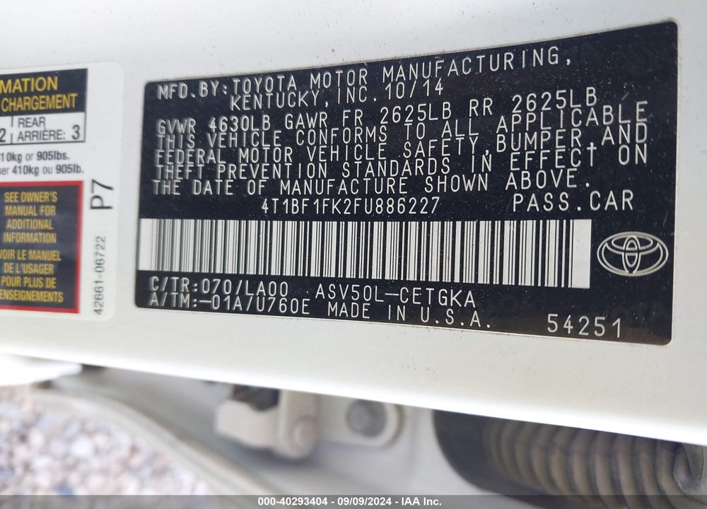 2015 TOYOTA CAMRY XLE VIN: 4T1BF1FK2FU886227