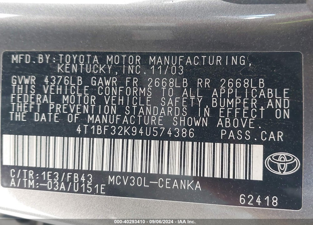 2004 TOYOTA CAMRY VIN: 4T1BF32K94U574386