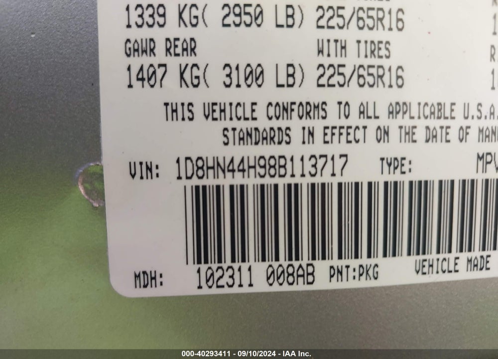 2008 DODGE GRAND CARAVAN SE VIN: 1D8HN44H98B113717