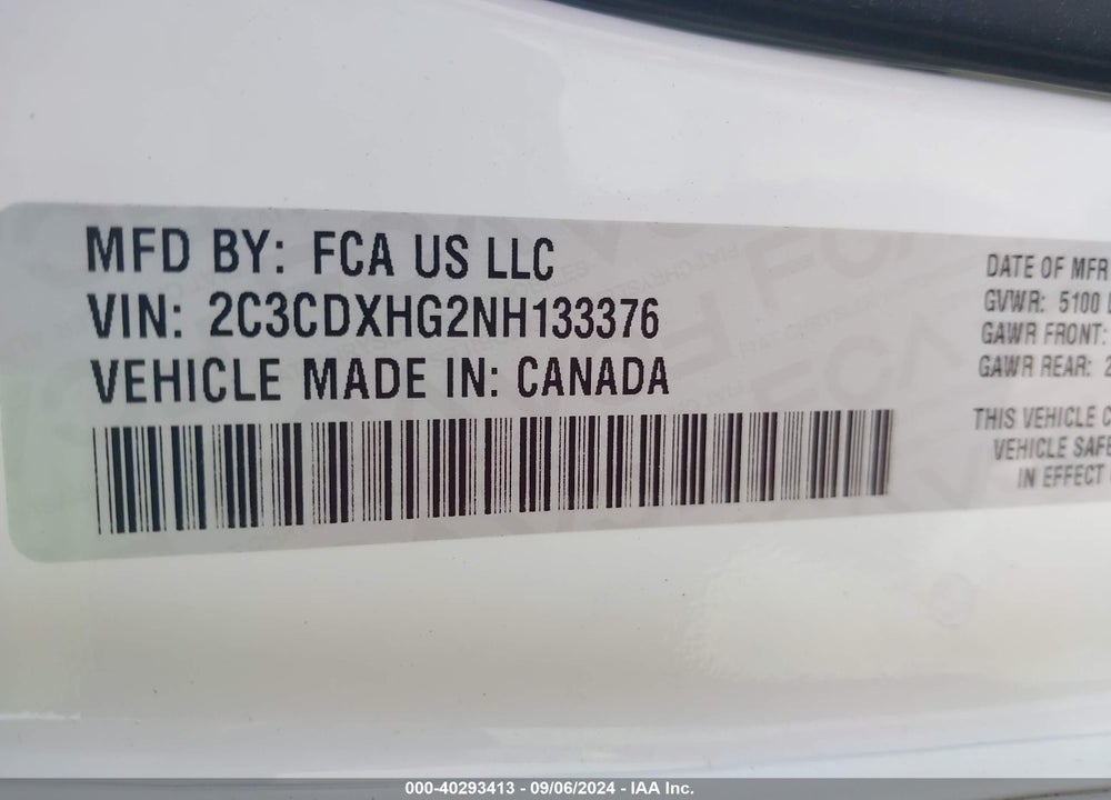 2022 DODGE CHARGER VIN: 2C3CDXHG2NH133376