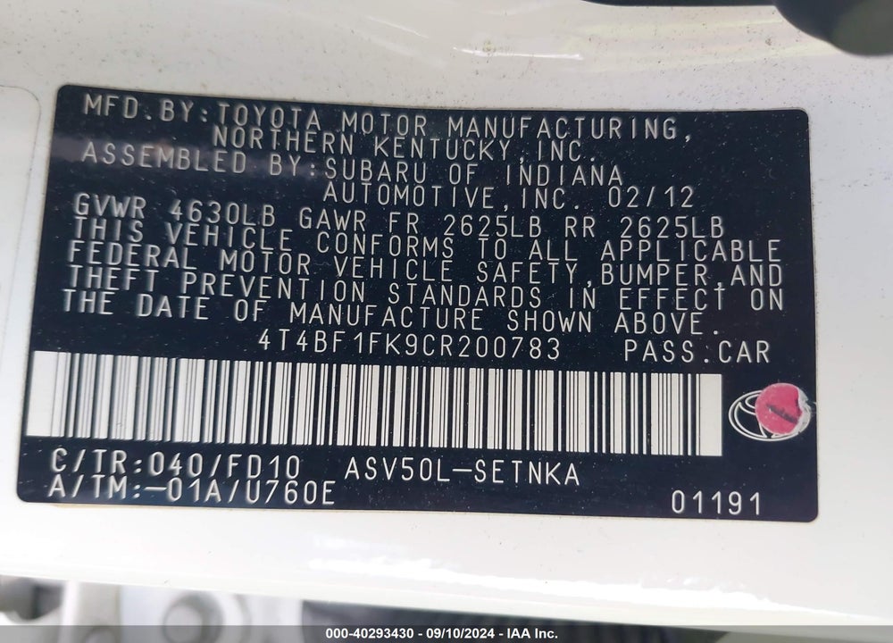 2012 TOYOTA CAMRY LE VIN: 4T4BF1FK9CR200783