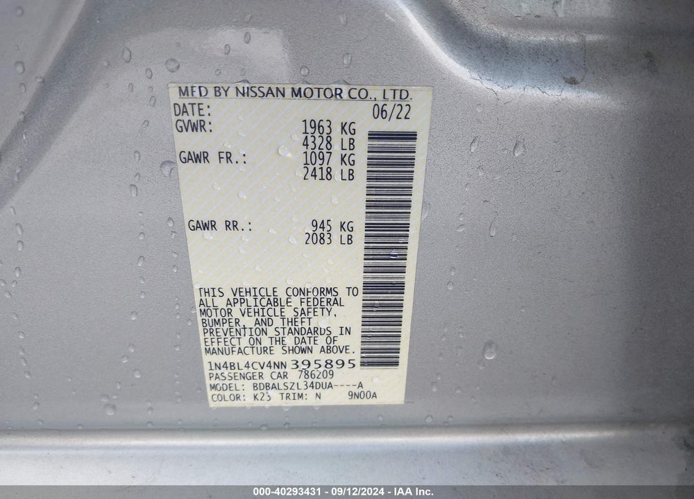 2022 NISSAN ALTIMA SR FWD VIN: 1N4BL4CV4NN395895