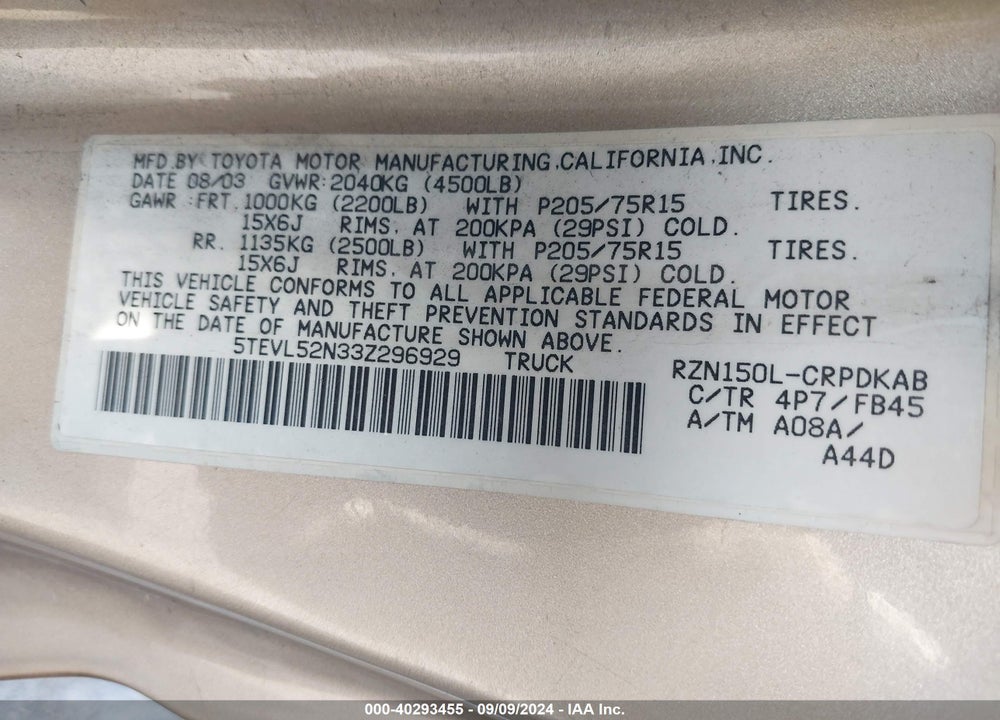 2003 TOYOTA TACOMA VIN: 5TEVL52N33Z296929