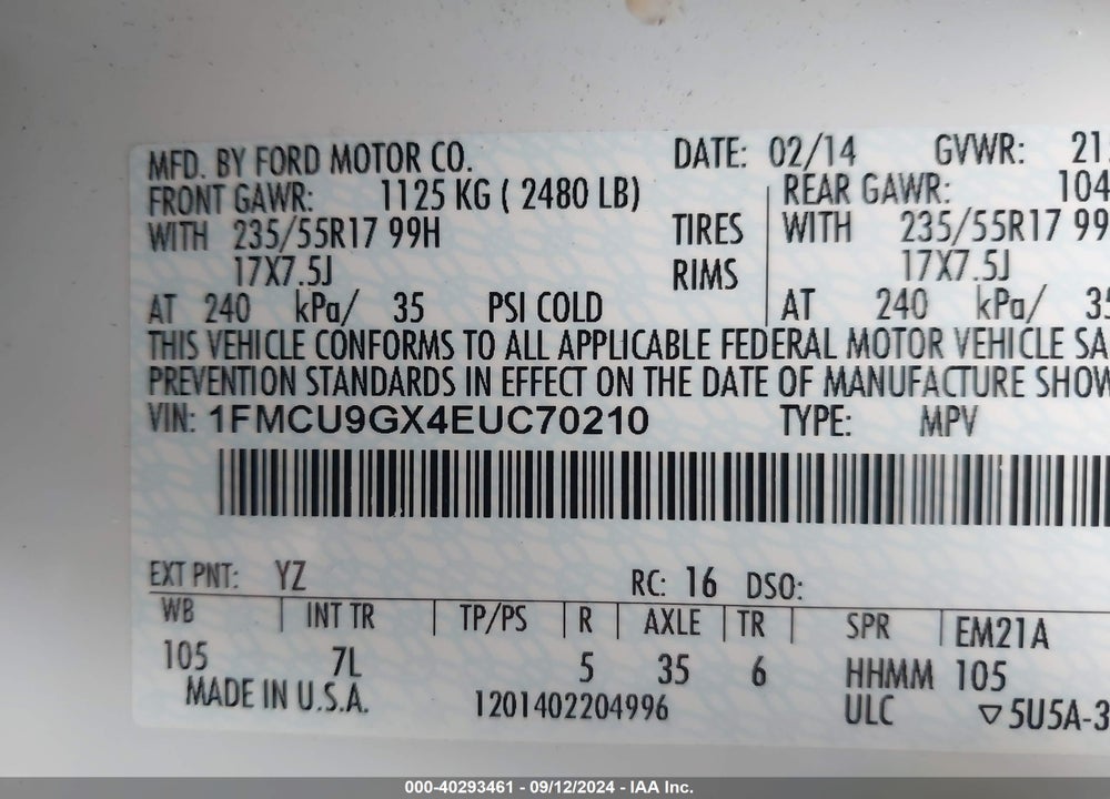2014 FORD ESCAPE SE VIN: 1FMCU9GX4EUC70210