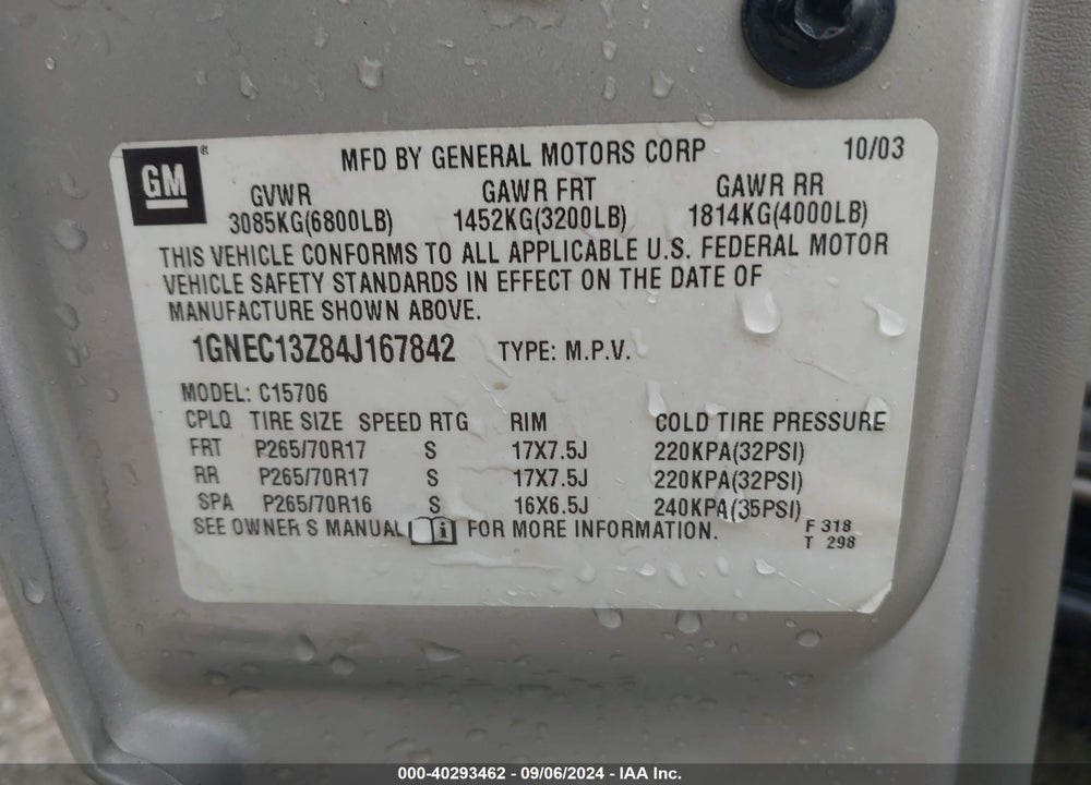 2004 CHEVROLET TAHOE LT VIN: 1GNEC13Z84J167842