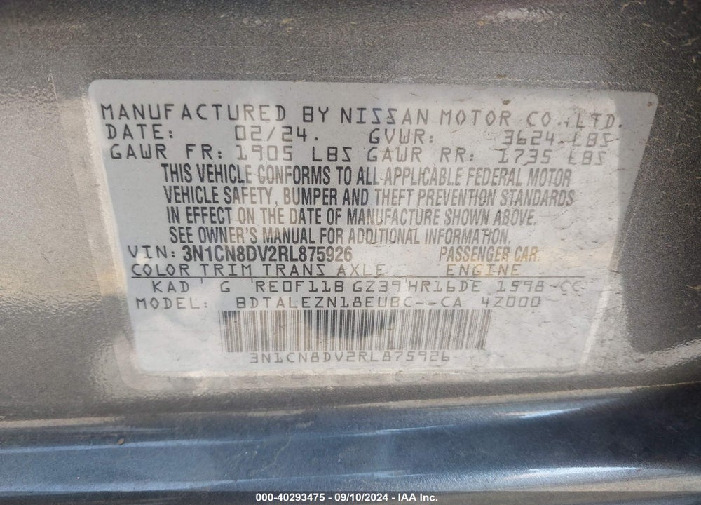 2024 NISSAN VERSA 1.6 S+ VIN: 3N1CN8DV2RL875926