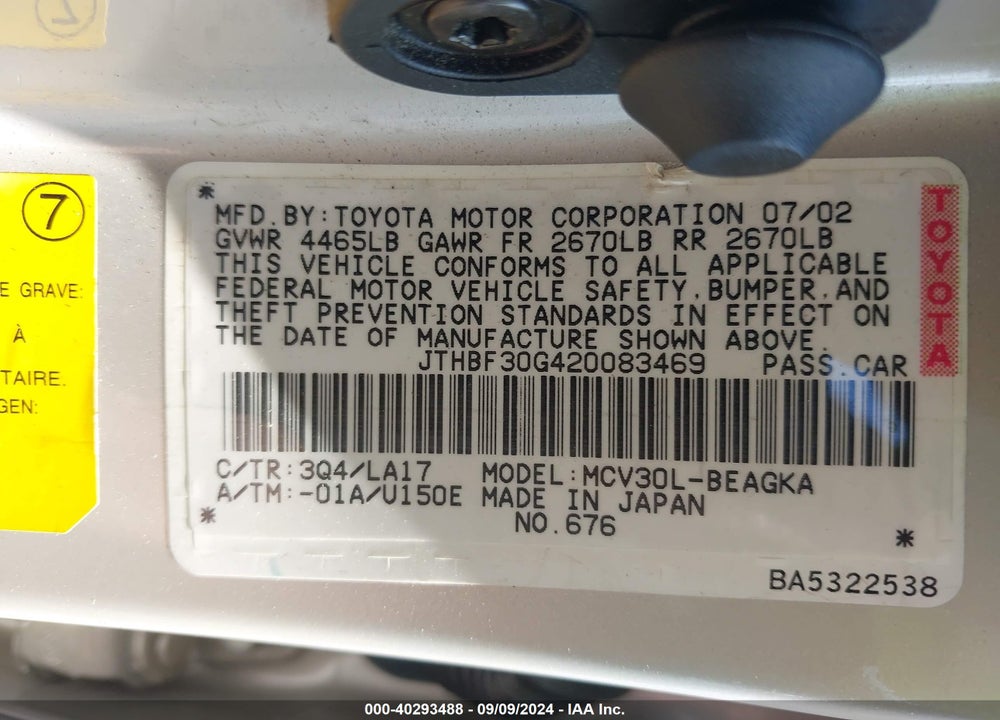 2002 LEXUS ES 300 VIN: JTHBF30G420083469