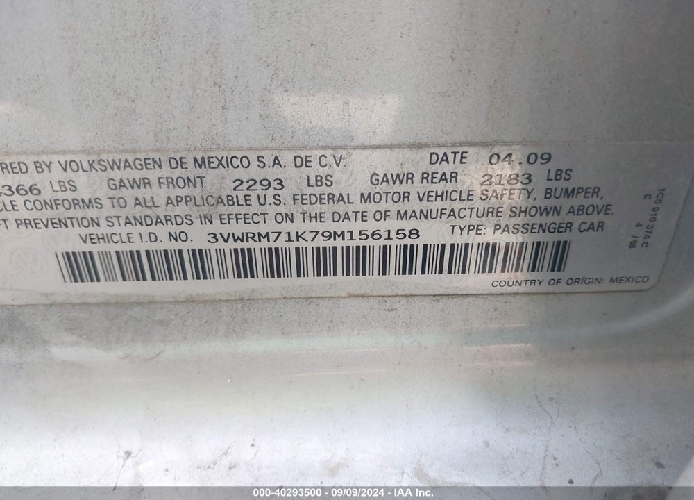 2009 VOLKSWAGEN JETTA VIN: 3VWRM71K79M156158