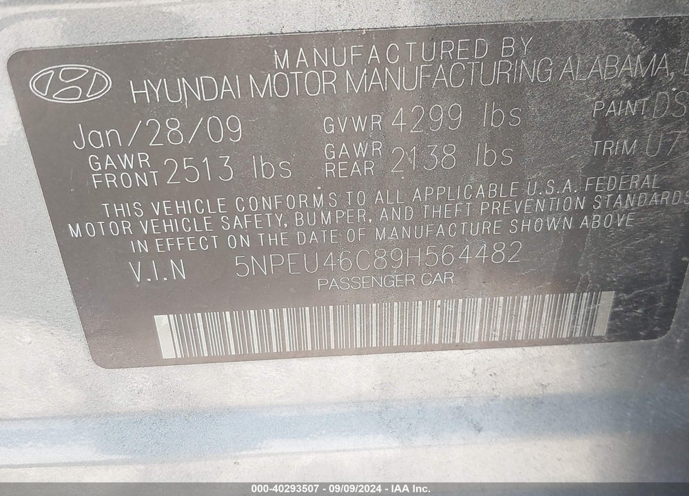 2009 HYUNDAI SONATA LIMITED VIN: 5NPEU46C89H564482