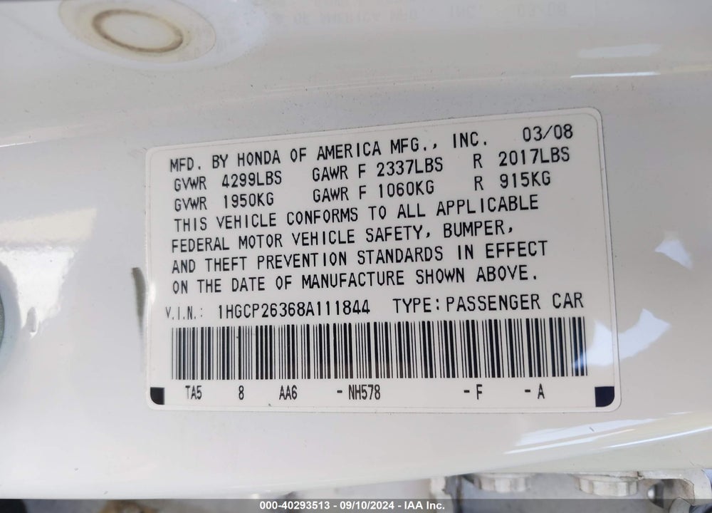 2008 HONDA ACCORD 2.4 LX VIN: 1HGCP26368A111844