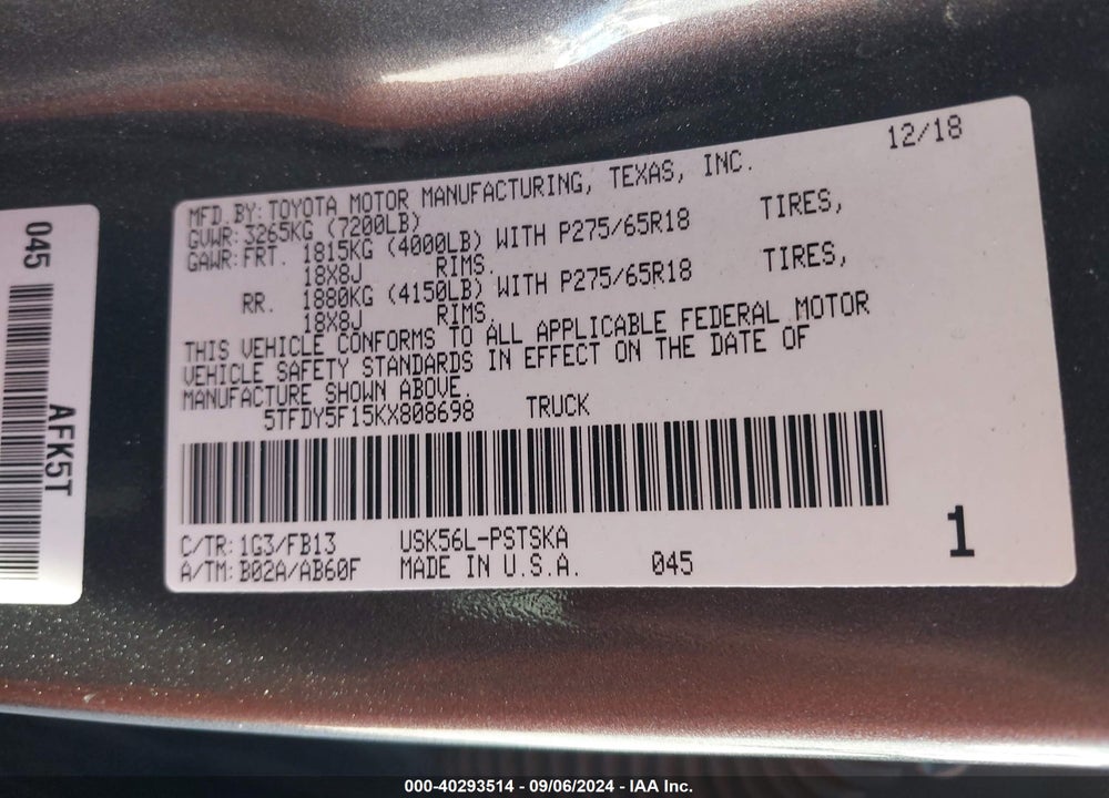 2019 TOYOTA TUNDRA SR5 5.7L V8 VIN: 5TFDY5F15KX808698